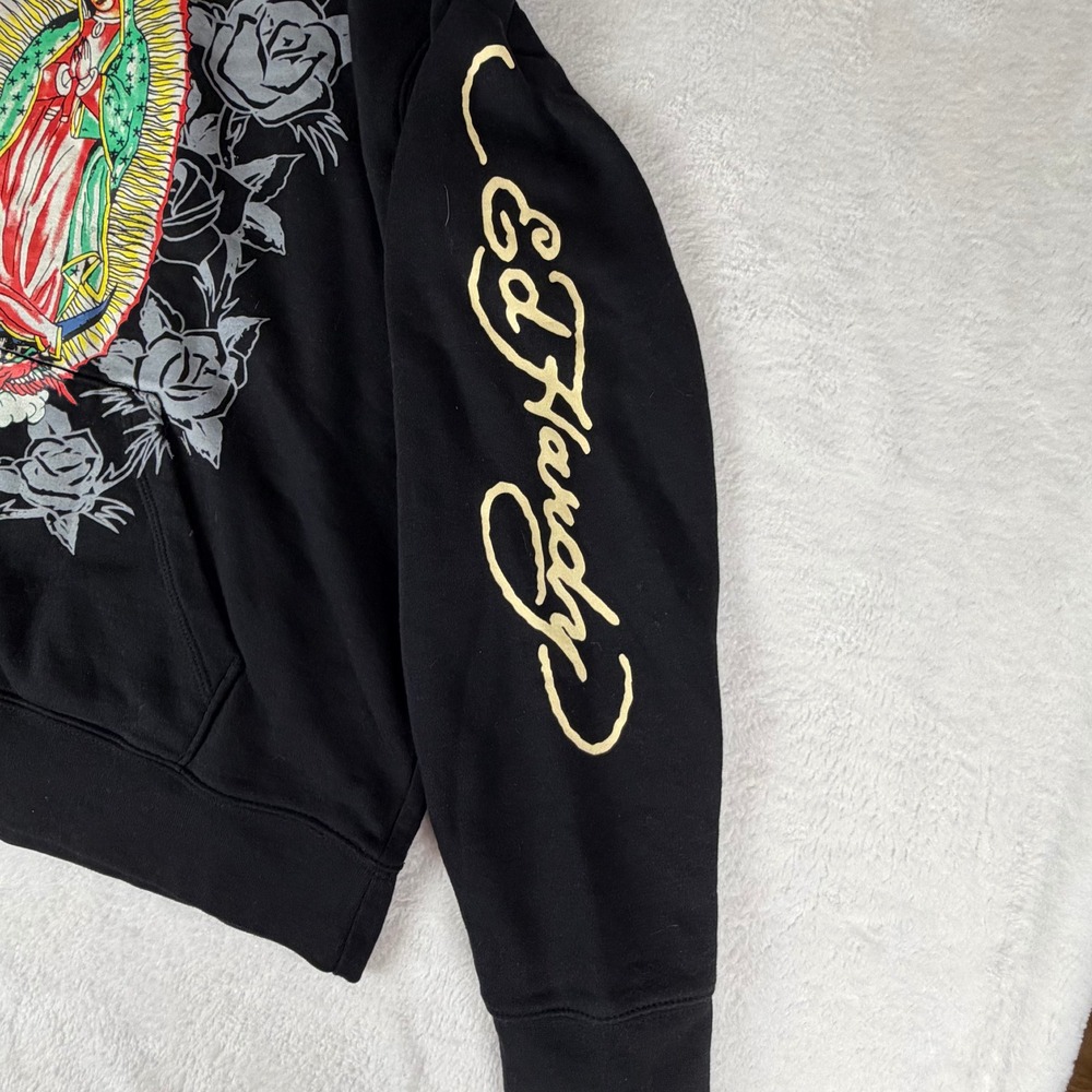 Ed Hardy Mens Large Graphic Hoodie Black Virgin Mary Rose Sweatshirt Winter - Picture 5 of 8
